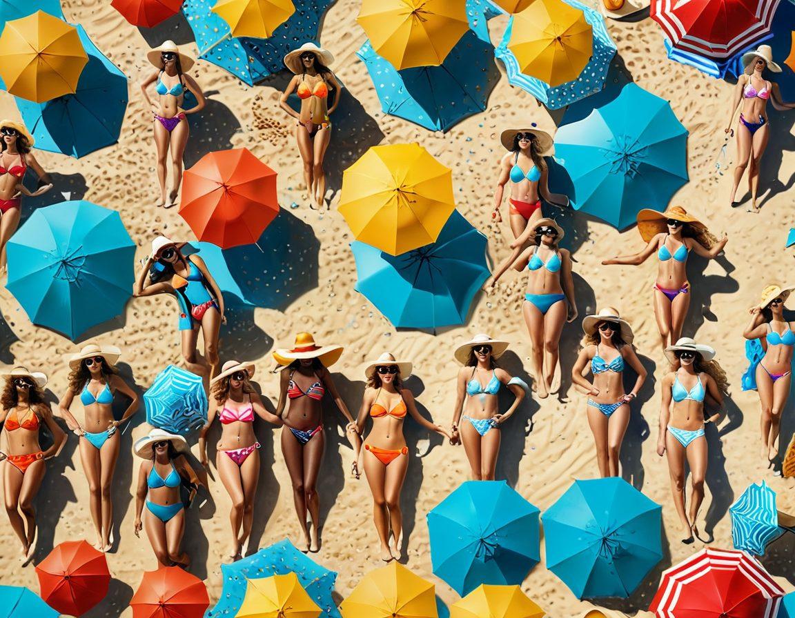 A vibrant beach scene featuring a diverse group of stylish individuals showcasing trendy swimwear and colorful accessories, with a backdrop of golden sand and turquoise waves. Include beach umbrellas, sun hats, and fun beach toys for an added festive touch, complemented by a bright sun and clear blue skies. The image should evoke a sense of fun and relaxation, perfect for summer vibes. super-realistic. vibrant colors. sunny atmosphere.